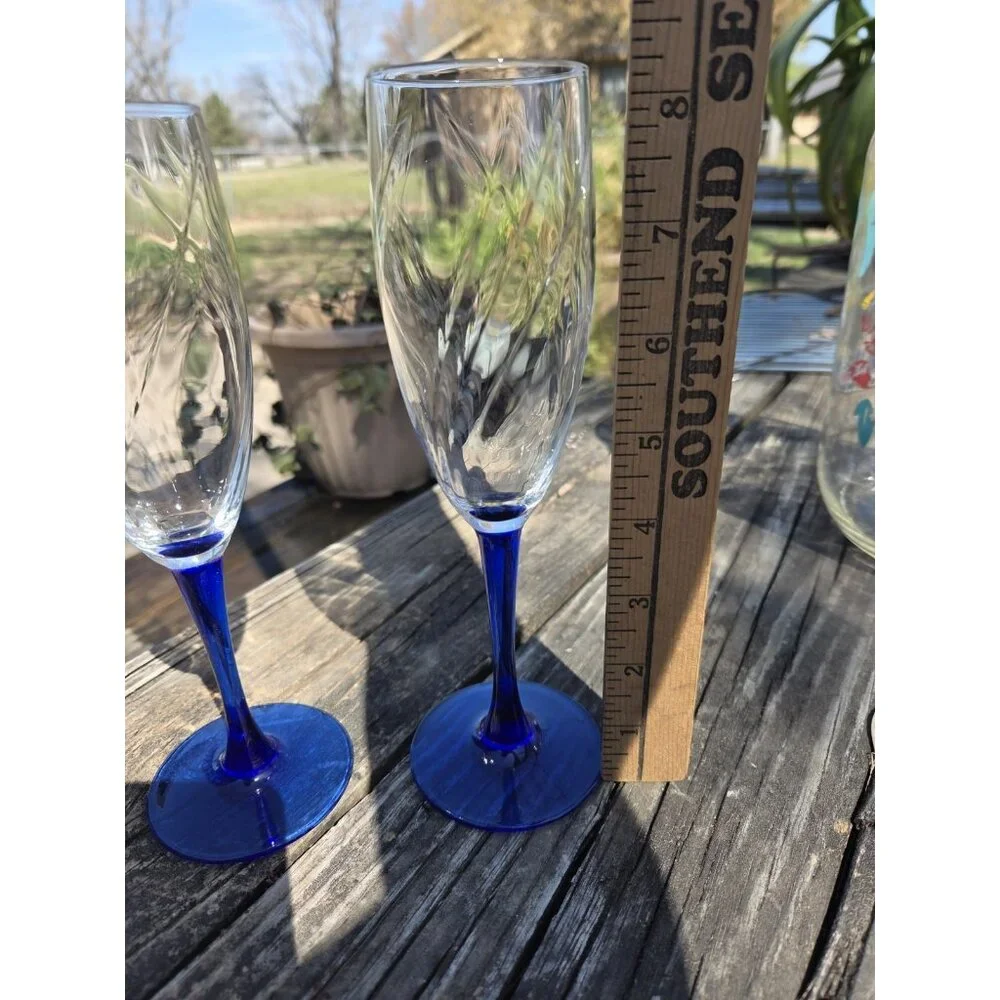 Vintage Cobalt Blue Stem Champagne Flute Wine‎ Glasses 8.25